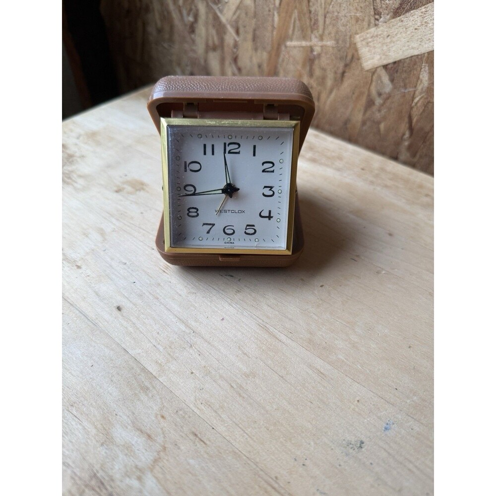 Vintage Westclox Travel Alarm Clock Light Brown Hardshell
